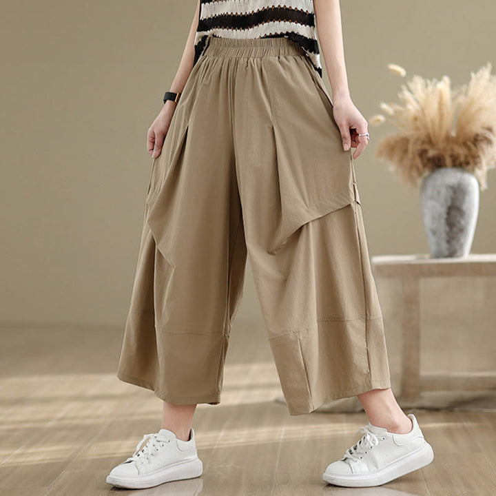 Pantalon large en coton à plis irréguliers et poches pour femme, motif Buddha Stones , été