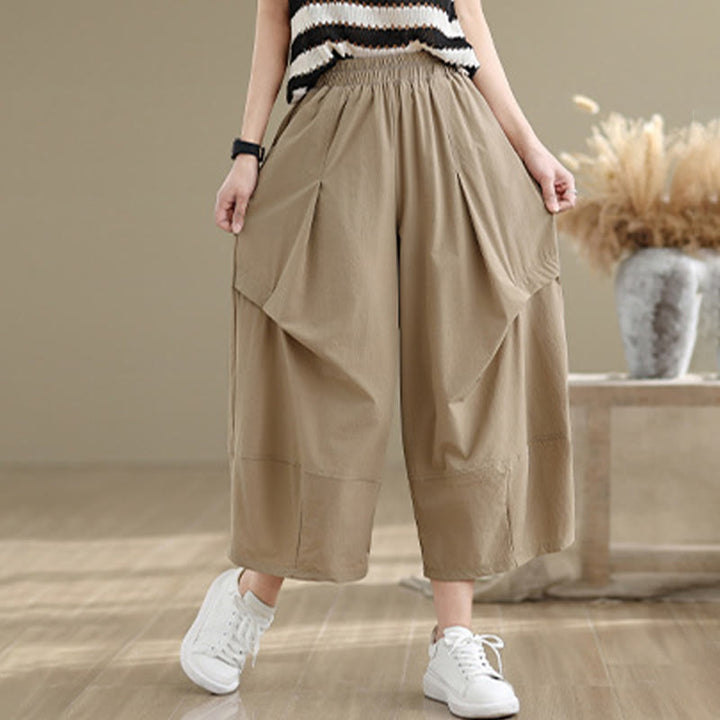 Pantalon large en coton à plis irréguliers et poches pour femme, motif Buddha Stones , été
