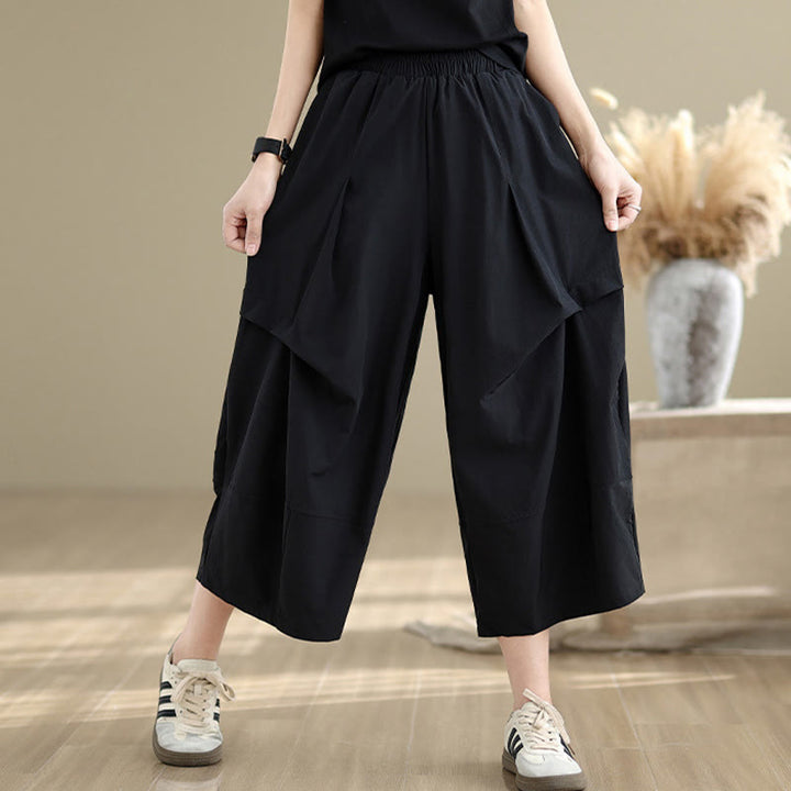 Pantalon large en coton à plis irréguliers et poches pour femme, motif Buddha Stones , été