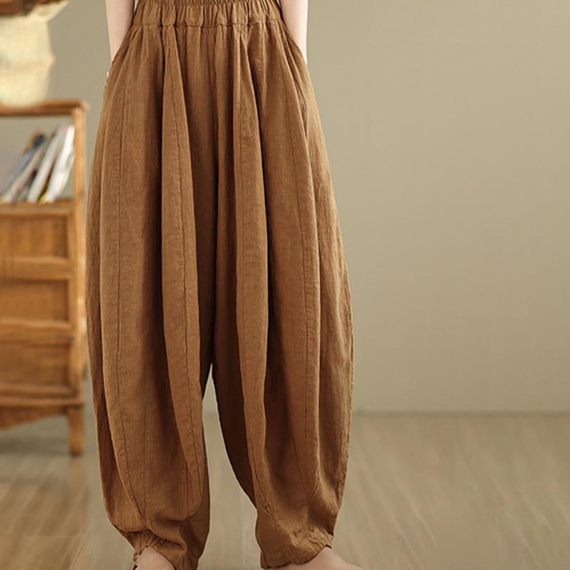 Pantalon large en coton et lin pour femme, avec poches, motif lanterne vintage et patchwork de Buddha Stones - image 5
