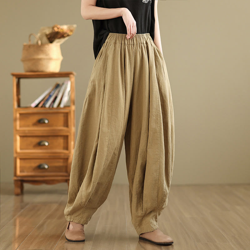 Pantalon large en coton et lin pour femme, avec poches, motif lanterne vintage et patchwork de Buddha Stones - Kaki foncé - US8-10，UK/AU12-14，EU40-42 (2XL) - image 13