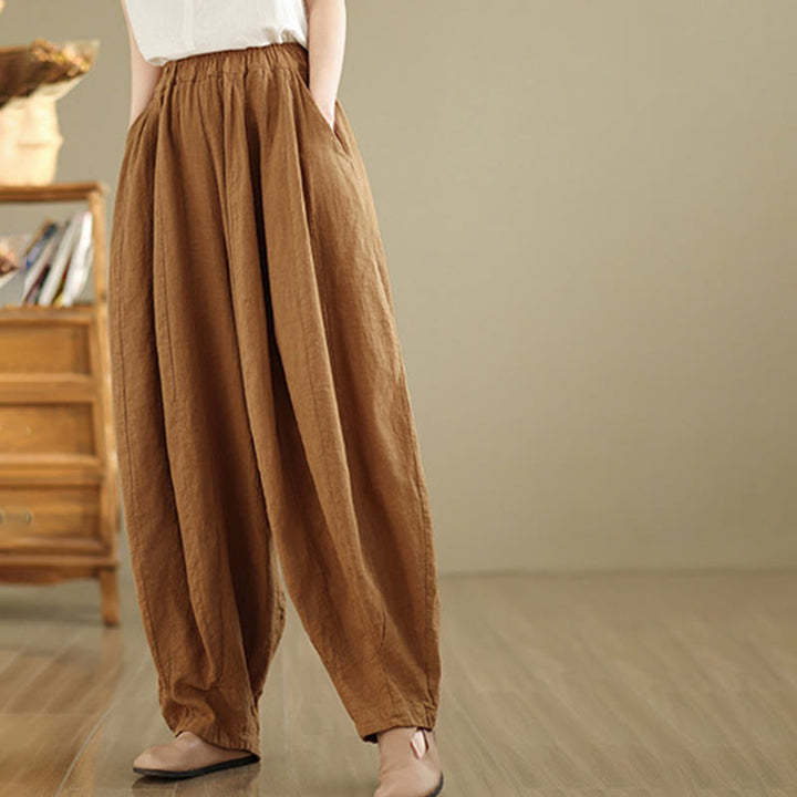 Pantalon large en coton et lin pour femme, avec poches, motif lanterne vintage et patchwork de Buddha Stones - image 1