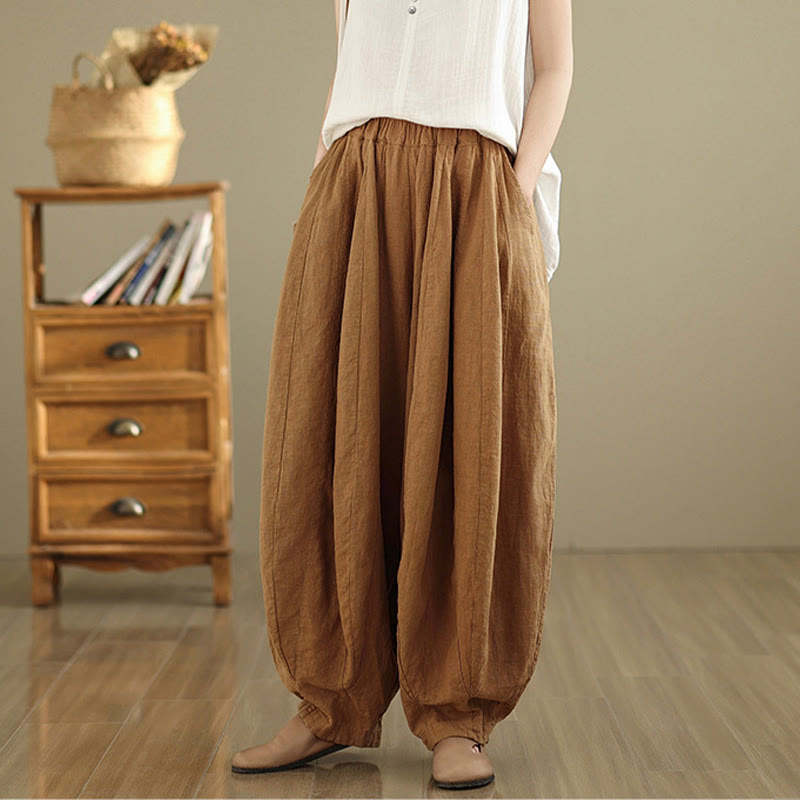Pantalon large en coton et lin pour femme, avec poches, motif lanterne vintage et patchwork de Buddha Stones - image 4