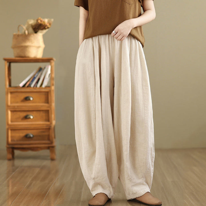 Pantalon large en coton et lin pour femme, avec poches, motif lanterne vintage et patchwork de Buddha Stones - Beige - US8-10，UK/AU12-14，EU40-42 (2XL) - image 18