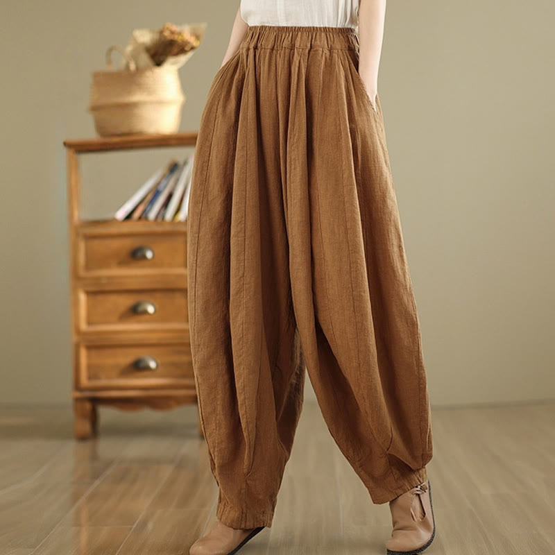 Pantalon large en coton et lin pour femme, avec poches, motif lanterne vintage et patchwork de Buddha Stones - Chocolat - US8-10，UK/AU12-14，EU40-42 (2XL) - image 0