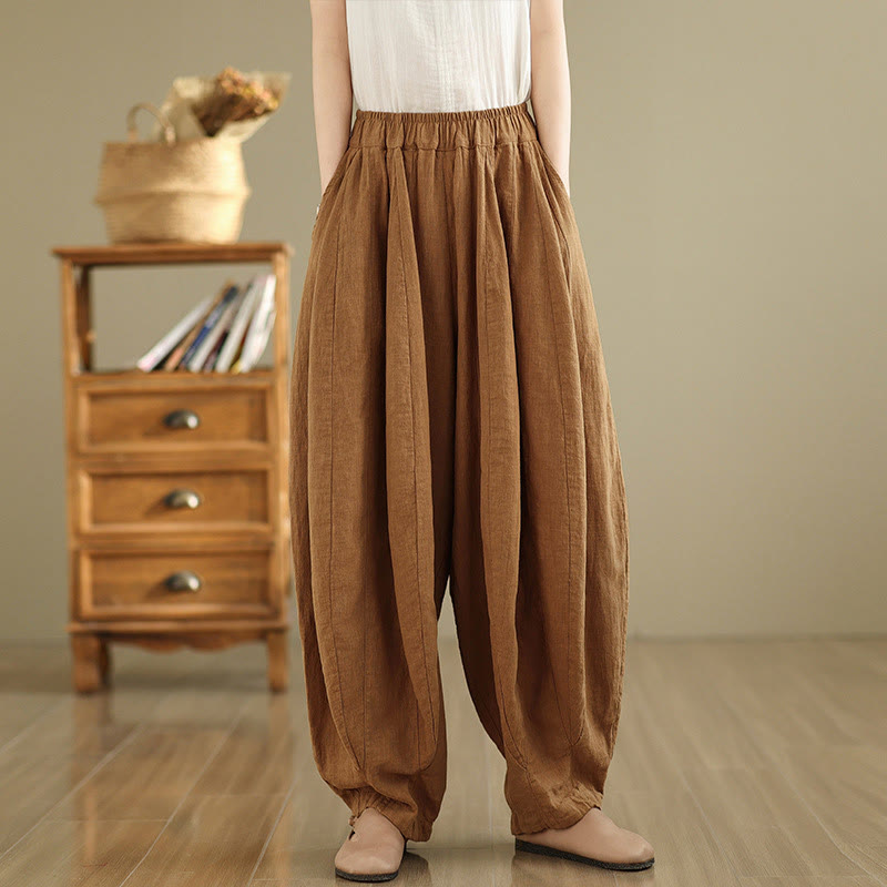 Pantalon large en coton et lin pour femme, avec poches, motif lanterne vintage et patchwork de Buddha Stones - image 2