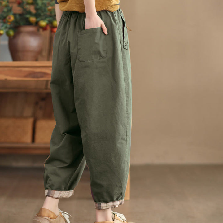Pantalon sarouel court décontracté en coton avec poches pour femme, uni et à revers, motif Buddha Stones