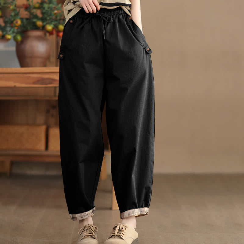 Pantalon sarouel court décontracté en coton avec poches pour femme, uni et à revers, motif Buddha Stones