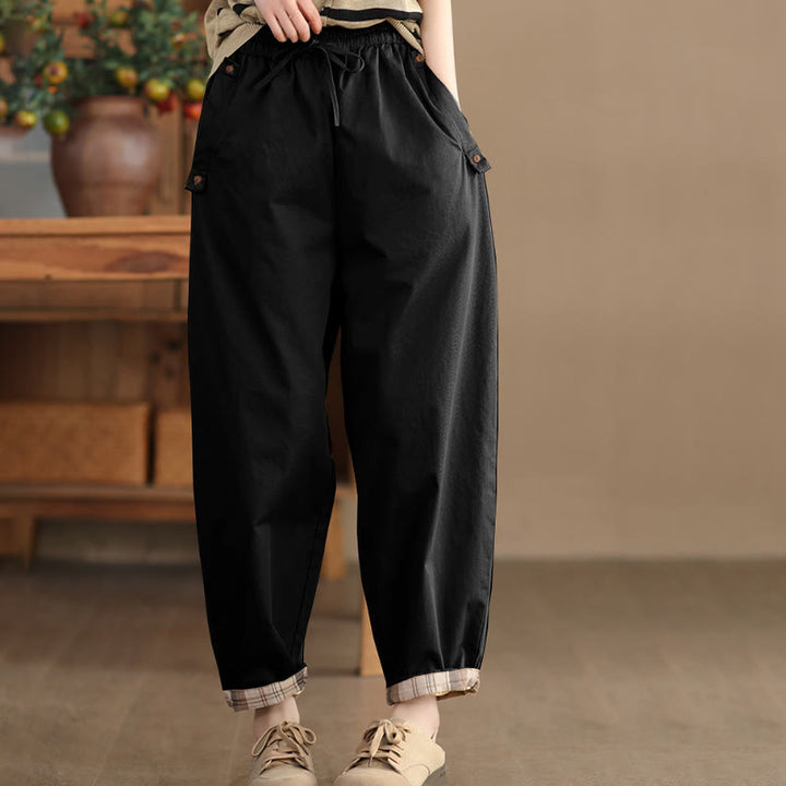 Pantalon sarouel court décontracté en coton avec poches pour femme, uni et à revers, motif Buddha Stones