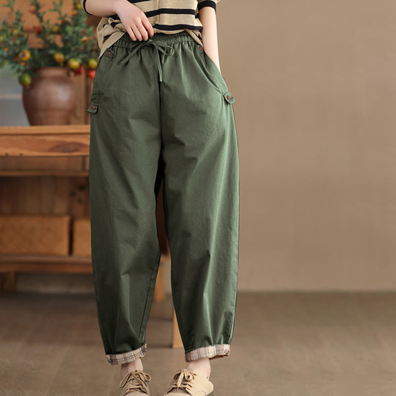 Pantalon sarouel court décontracté en coton avec poches pour femme, uni et à revers, motif Buddha Stones