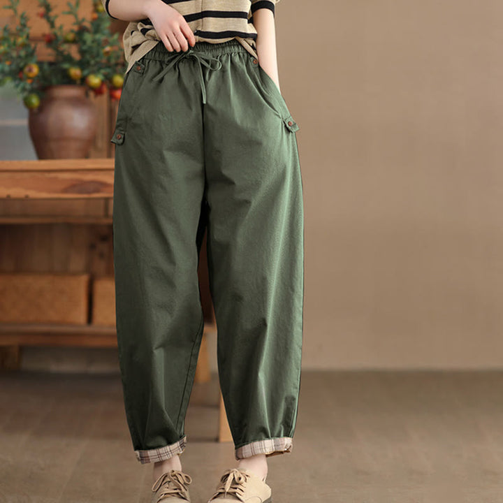 Pantalon sarouel court décontracté en coton avec poches pour femme, uni et à revers, motif Buddha Stones
