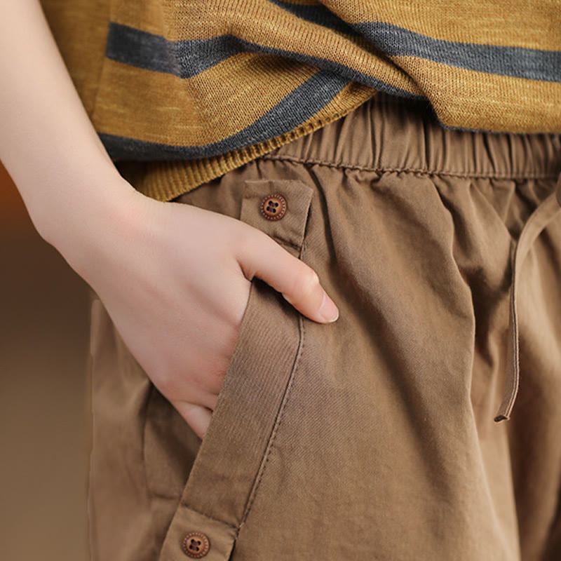 Pantalon sarouel court décontracté en coton avec poches pour femme, uni et à revers, motif Buddha Stones