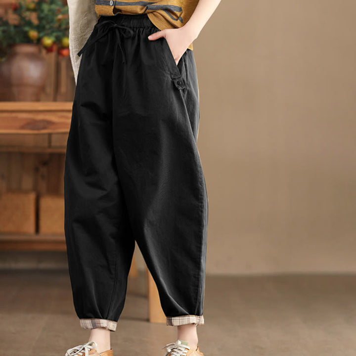 Pantalon sarouel court décontracté en coton avec poches pour femme, uni et à revers, motif Buddha Stones