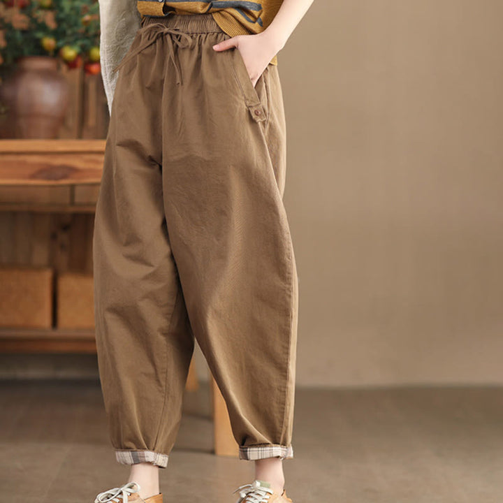 Pantalon sarouel court décontracté en coton avec poches pour femme, uni et à revers, motif Buddha Stones