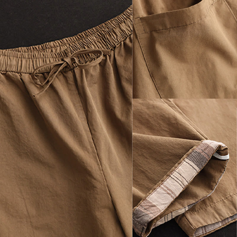Pantalon sarouel court décontracté en coton avec poches pour femme, uni et à revers, motif Buddha Stones