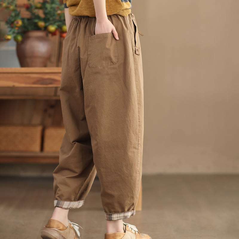 Pantalon sarouel court décontracté en coton avec poches pour femme, uni et à revers, motif Buddha Stones