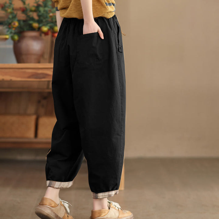 Pantalon sarouel court décontracté en coton avec poches pour femme, uni et à revers, motif Buddha Stones