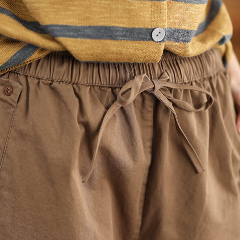 Pantalon sarouel court décontracté en coton avec poches pour femme, uni et à revers, motif Buddha Stones