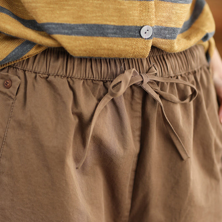 Pantalon sarouel court décontracté en coton avec poches pour femme, uni et à revers, motif Buddha Stones