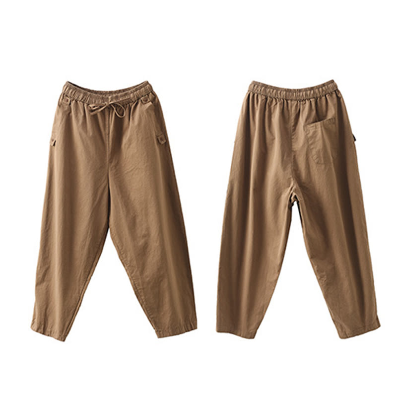 Pantalon sarouel court décontracté en coton avec poches pour femme, uni et à revers, motif Buddha Stones