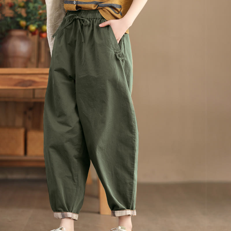 Pantalon sarouel court décontracté en coton avec poches pour femme, uni et à revers, motif Buddha Stones