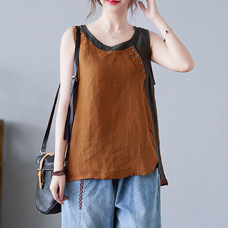 Gilet d'été en coton et lin pour femme, col ras du cou, fausses Buddha Stones , couleurs assorties, 2 pièces