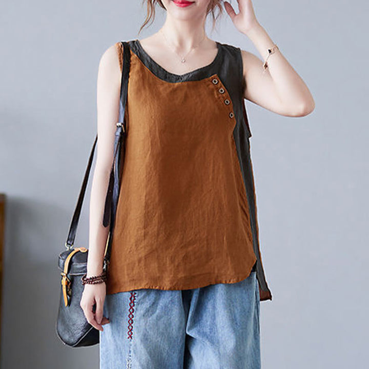 Gilet d'été en coton et lin pour femme, col ras du cou, fausses Buddha Stones , couleurs assorties, 2 pièces