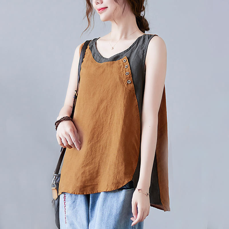 Gilet d'été en coton et lin pour femme, col ras du cou, fausses Buddha Stones , couleurs assorties, 2 pièces