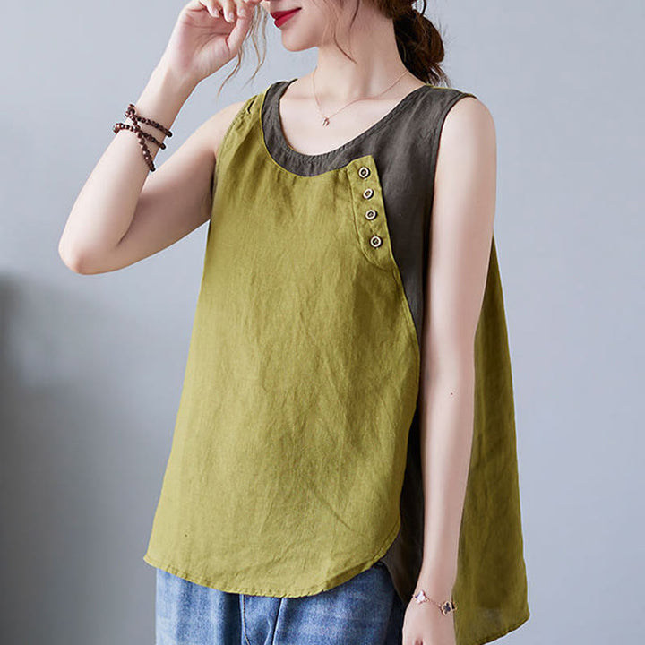 Gilet d'été en coton et lin pour femme, col ras du cou, fausses Buddha Stones , couleurs assorties, 2 pièces