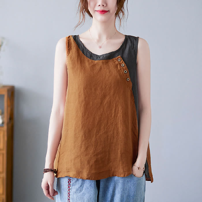 Gilet d'été en coton et lin pour femme, col ras du cou, fausses Buddha Stones , couleurs assorties, 2 pièces