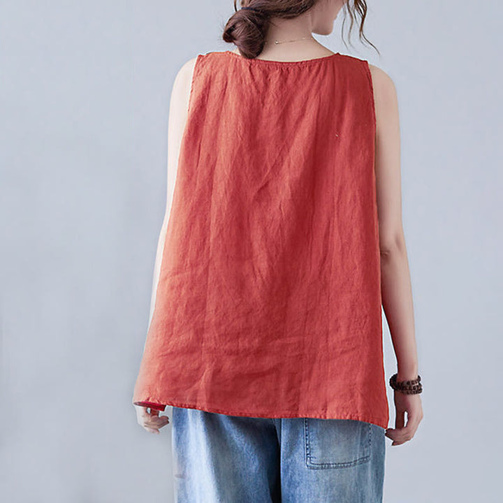 Gilet d'été en coton et lin pour femme, col ras du cou, fausses Buddha Stones , couleurs assorties, 2 pièces