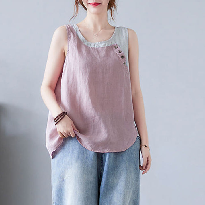 Gilet d'été en coton et lin pour femme, col ras du cou, fausses Buddha Stones , couleurs assorties, 2 pièces