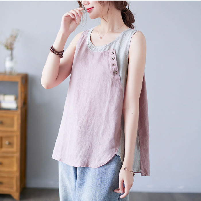 Gilet d'été en coton et lin pour femme, col ras du cou, fausses Buddha Stones , couleurs assorties, 2 pièces