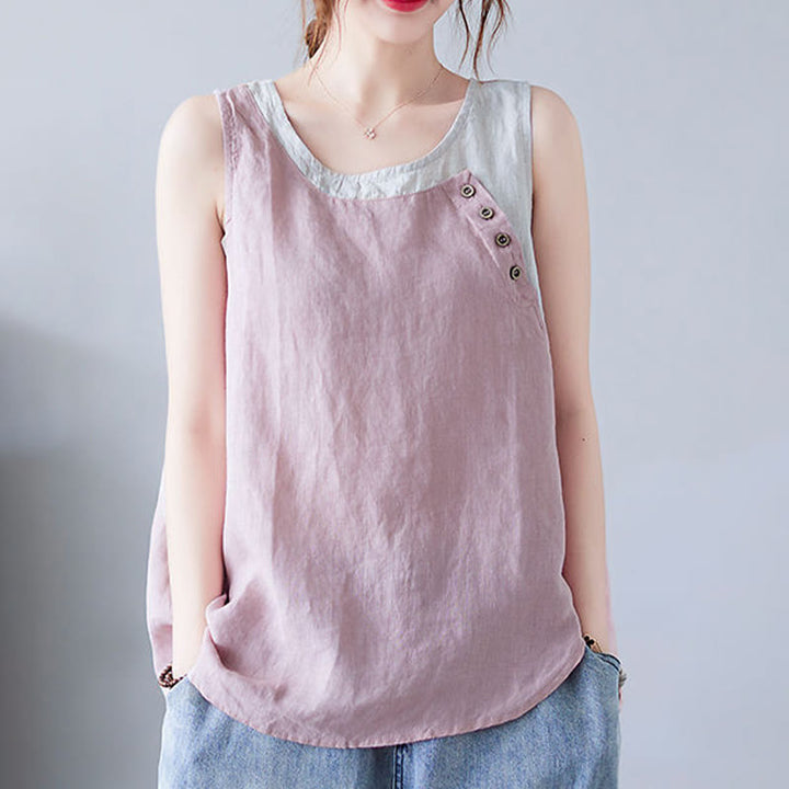 Gilet d'été en coton et lin pour femme, col ras du cou, fausses Buddha Stones , couleurs assorties, 2 pièces