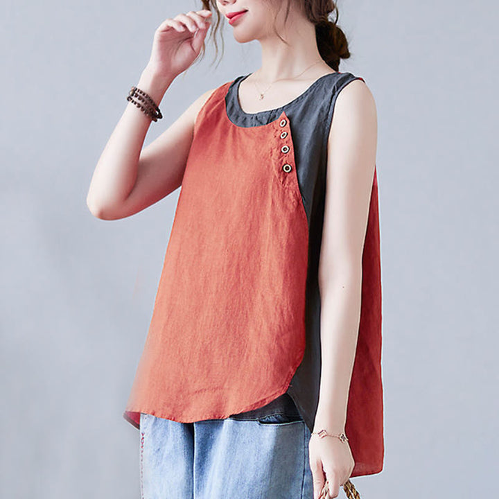 Gilet d'été en coton et lin pour femme, col ras du cou, fausses Buddha Stones , couleurs assorties, 2 pièces
