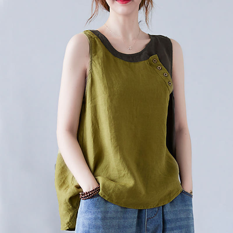 Gilet d'été en coton et lin pour femme, col ras du cou, fausses Buddha Stones , couleurs assorties, 2 pièces