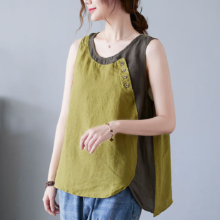 Gilet d'été en coton et lin pour femme, col ras du cou, fausses Buddha Stones , couleurs assorties, 2 pièces