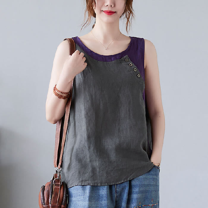 Gilet d'été en coton et lin pour femme, col ras du cou, fausses Buddha Stones , couleurs assorties, 2 pièces