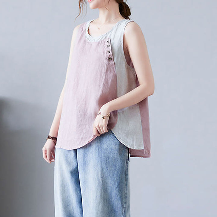 Gilet d'été en coton et lin pour femme, col ras du cou, fausses Buddha Stones , couleurs assorties, 2 pièces