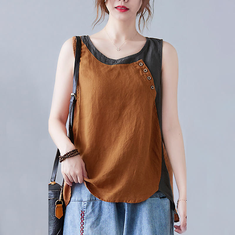 Gilet d'été en coton et lin pour femme, col ras du cou, fausses Buddha Stones , couleurs assorties, 2 pièces
