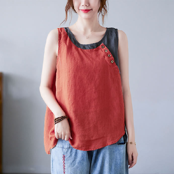 Gilet d'été en coton et lin pour femme, col ras du cou, fausses Buddha Stones , couleurs assorties, 2 pièces