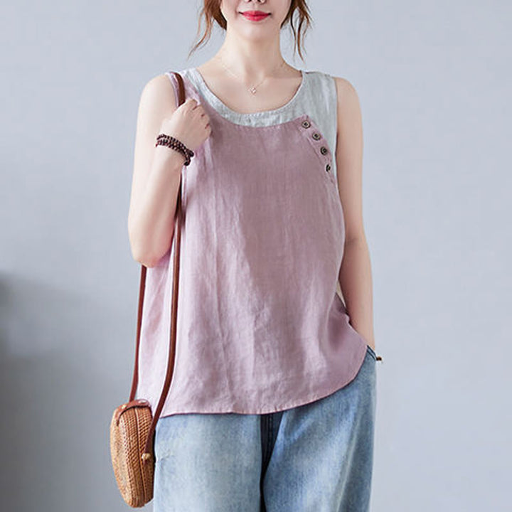 Gilet d'été en coton et lin pour femme, col ras du cou, fausses Buddha Stones , couleurs assorties, 2 pièces