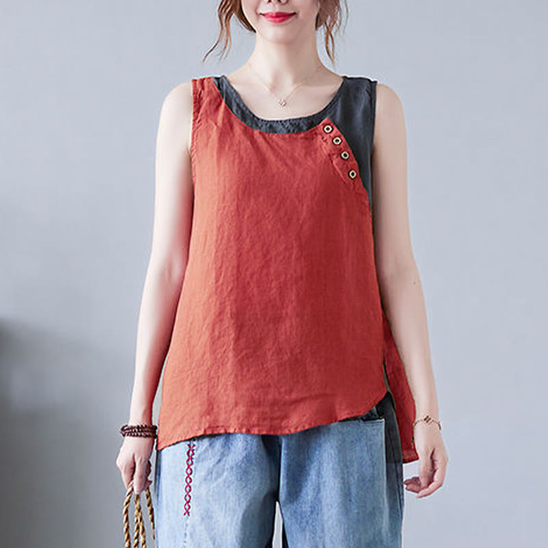 Gilet d'été en coton et lin pour femme, col ras du cou, fausses Buddha Stones , couleurs assorties, 2 pièces