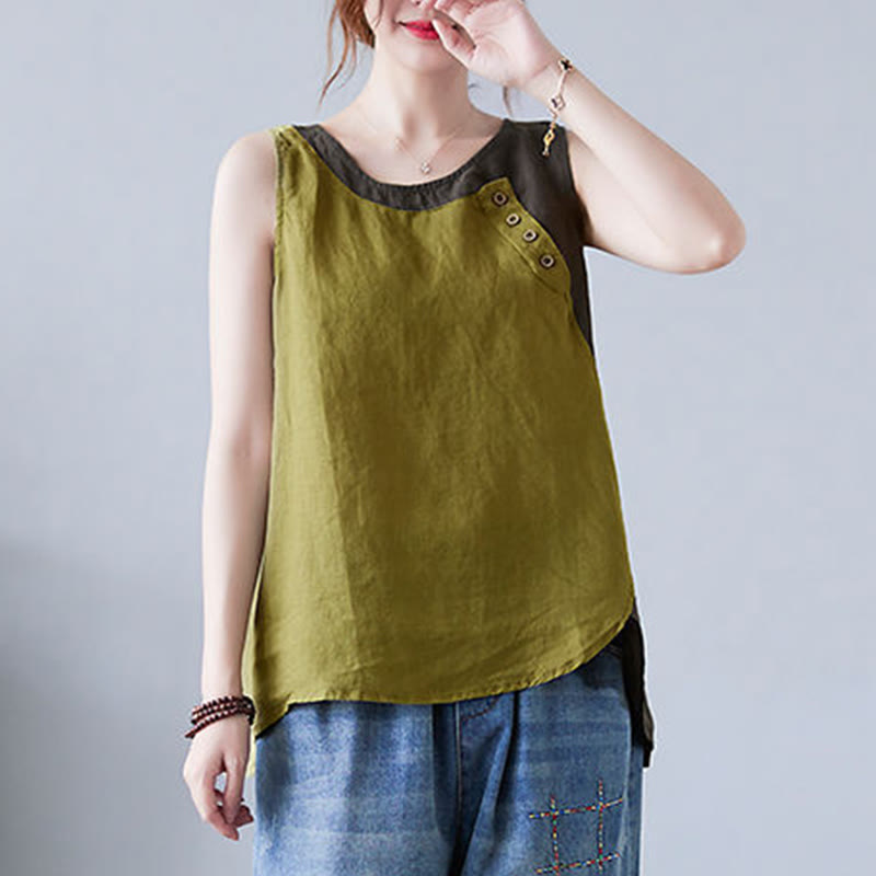 Gilet d'été en coton et lin pour femme, col ras du cou, fausses Buddha Stones , couleurs assorties, 2 pièces