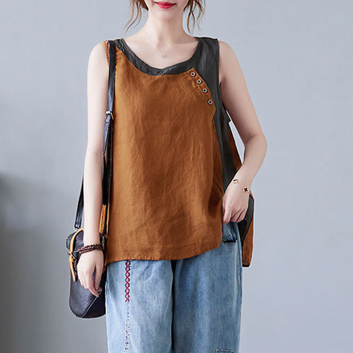 Gilet d'été en coton et lin pour femme, col ras du cou, fausses Buddha Stones , couleurs assorties, 2 pièces