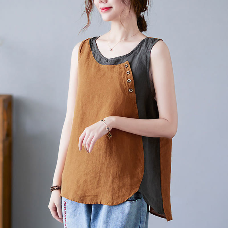 Gilet d'été en coton et lin pour femme, col ras du cou, fausses Buddha Stones , couleurs assorties, 2 pièces