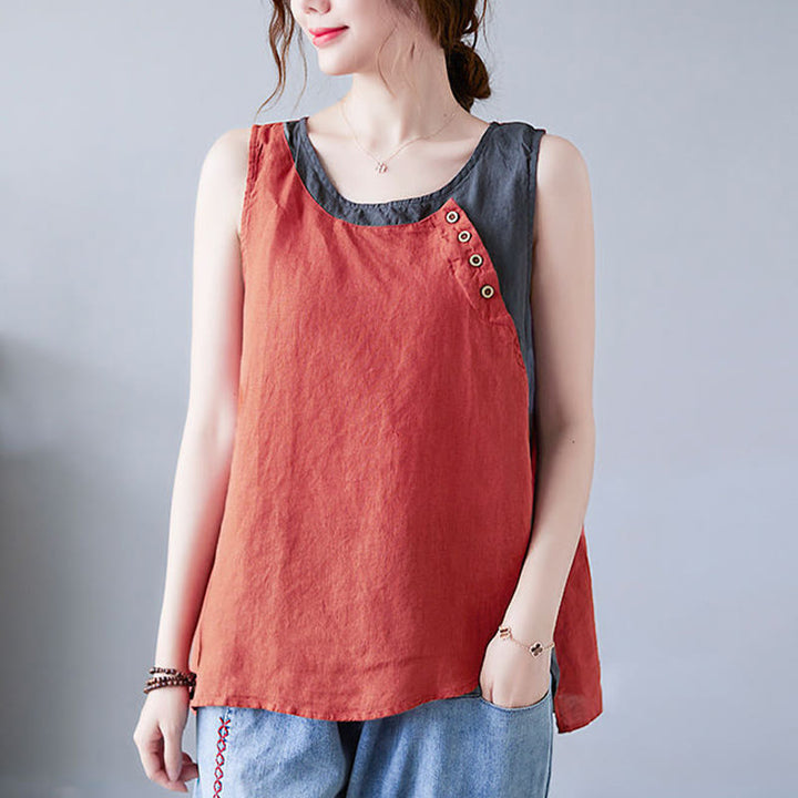 Gilet d'été en coton et lin pour femme, col ras du cou, fausses Buddha Stones , couleurs assorties, 2 pièces
