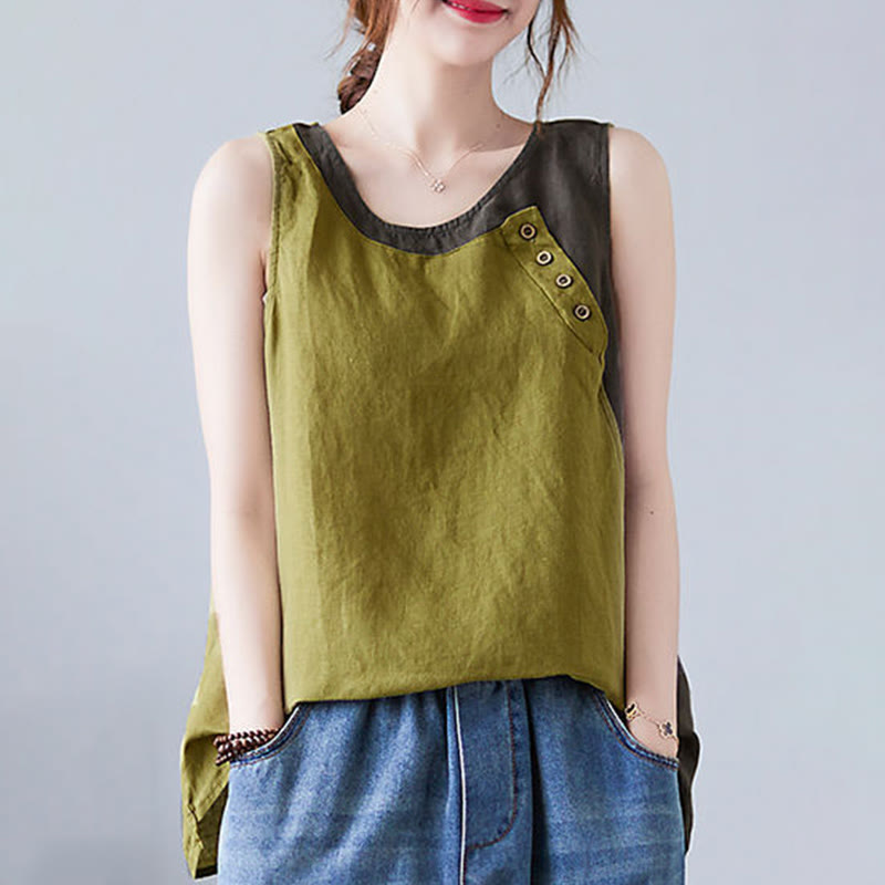 Gilet d'été en coton et lin pour femme, col ras du cou, fausses Buddha Stones , couleurs assorties, 2 pièces