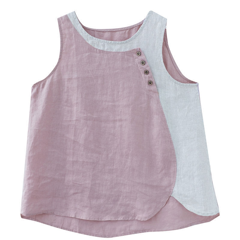 Gilet d'été en coton et lin pour femme, col ras du cou, fausses Buddha Stones , couleurs assorties, 2 pièces