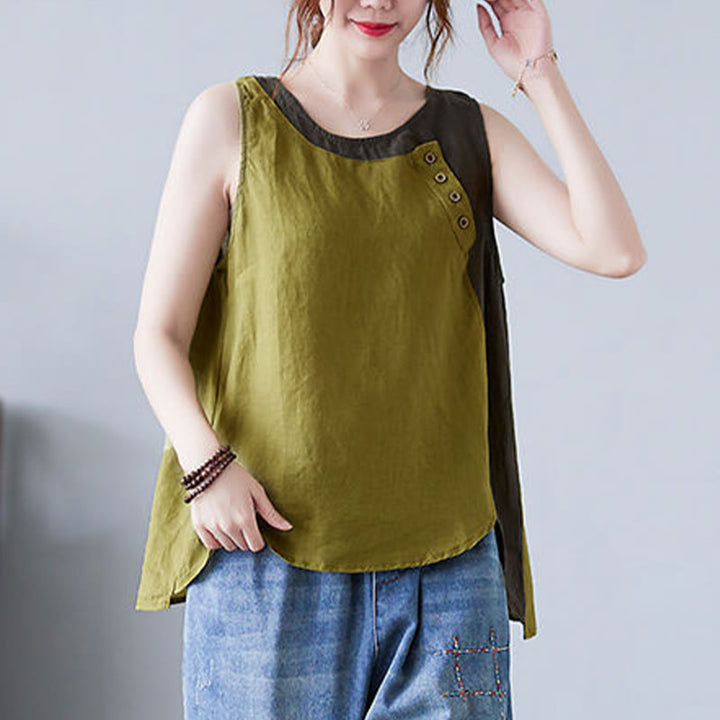 Gilet d'été en coton et lin pour femme, col ras du cou, fausses Buddha Stones , couleurs assorties, 2 pièces